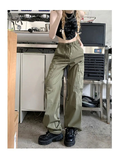 Y2K Kpop Black Cargo Harajuku Streetwear Drawstring Pockets Green Wide Pant