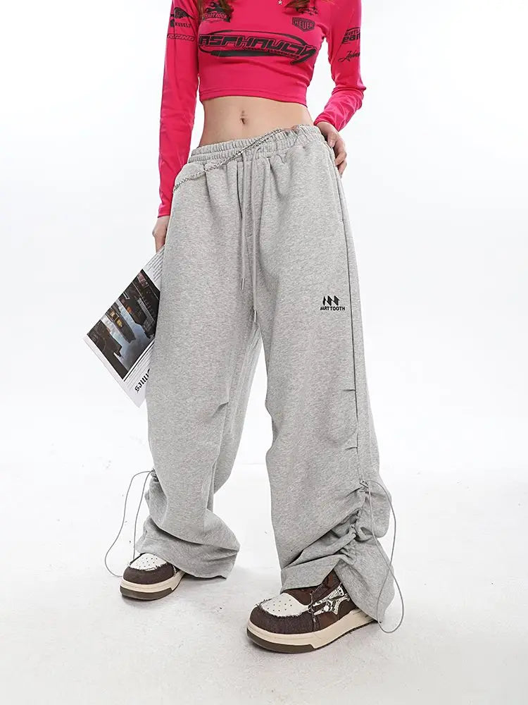 Y2K Kpop Gray Drawstring Folds Jogging Oversize Wide Leg Pant Main image