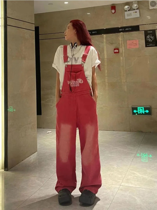 Y2K Kpop Pink Suspender Harajuku High Streetwear Oversize Korean Hippie Pant