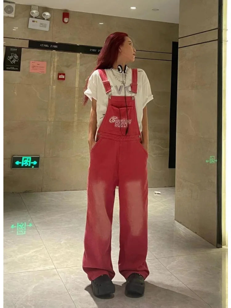 Y2K Kpop Pink Suspender Harajuku High Streetwear Oversize Korean Hippie Pant