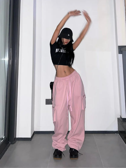 Pink Parachute Cargo Women Y2K Hip Hop Oversize Jogging Sweatpants