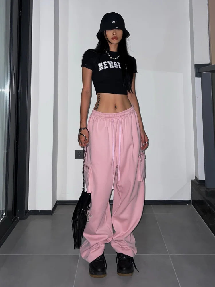 Pink Parachute Cargo Women Y2K Hip Hop Oversize Jogging Sweatpants