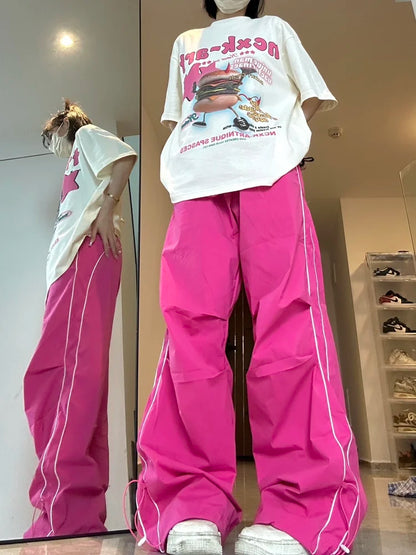 Y2K Pink Quick Dry Sweatpants Harajuku Kpop Oversized Wide Leg Sport Pant