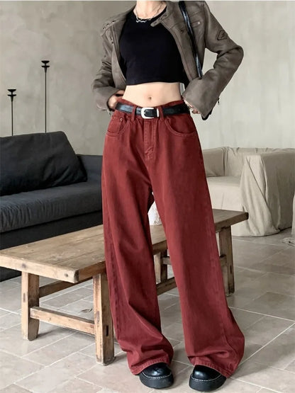 Red Oversize Denim Acubi Fashion High Waist Pant