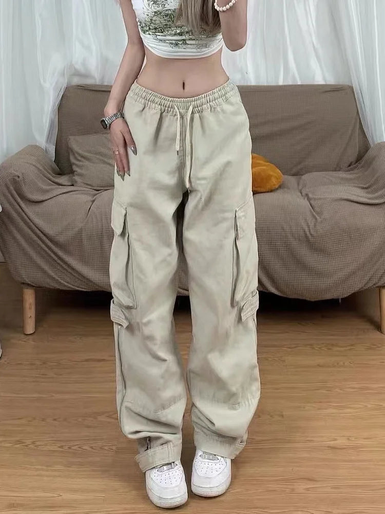 Y2K Retro Beige Cargo Vintage Streetwear Pockets Wide Leg Fashion Pant Main image