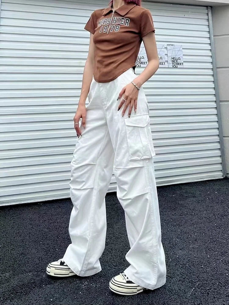 Y2K Retro White Cargo Aesthetic Oversized Brown Parachute Wide Pockets Pant Main image