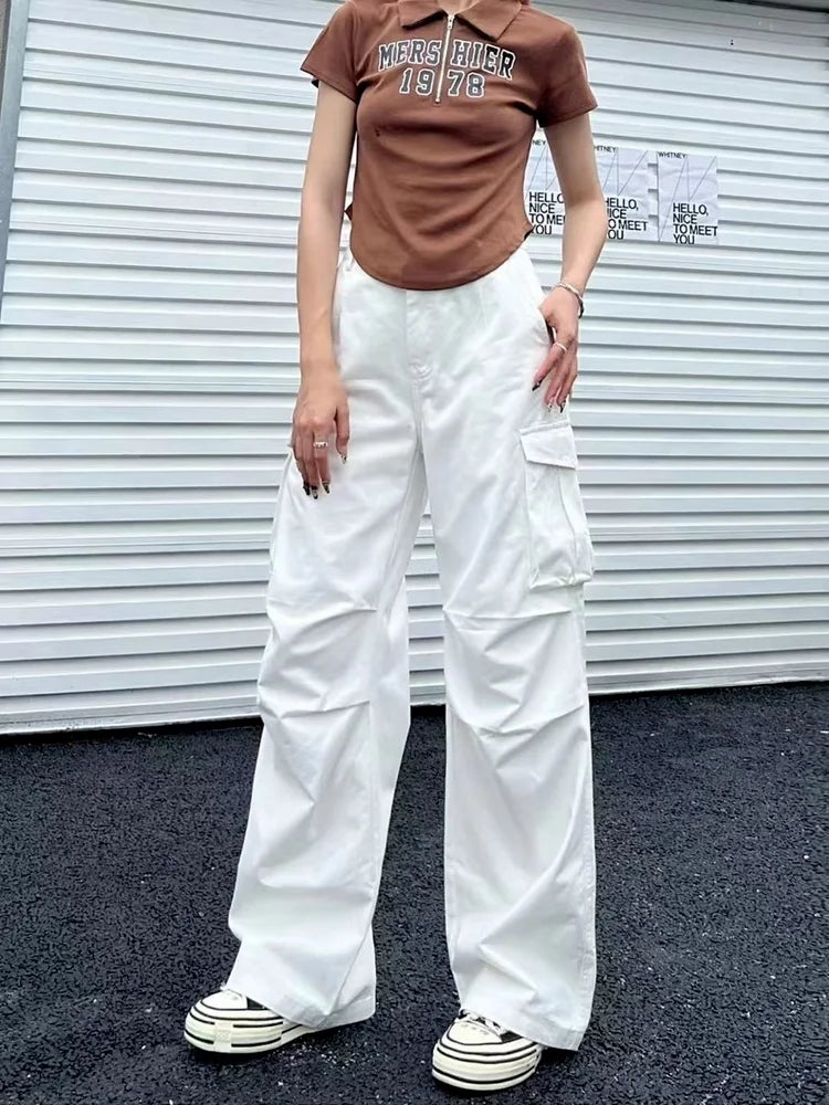 Y2K Retro White Cargo Aesthetic Oversized Brown Parachute Wide Pockets Pant