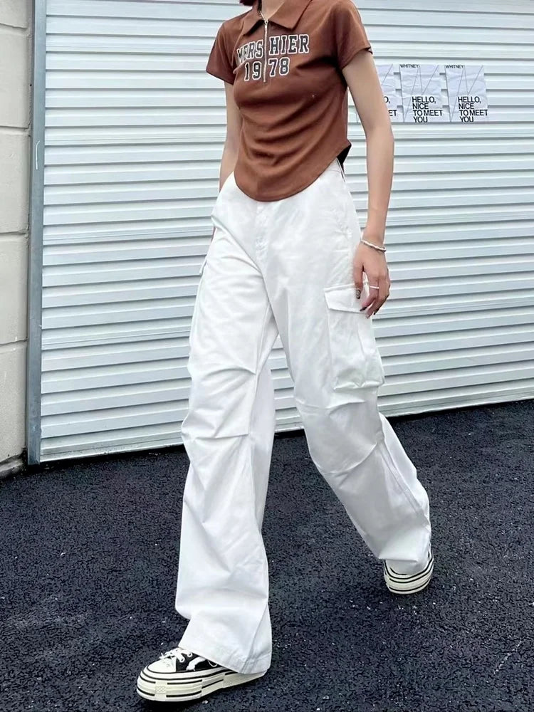 Y2K Retro White Cargo Aesthetic Oversized Brown Parachute Wide Pockets Pant