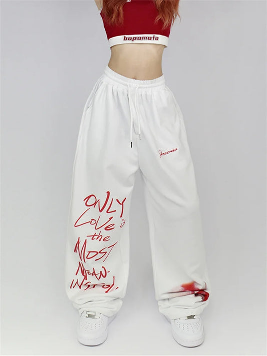 Y2K Streetwear White Sweatpants Letter Print Black Track Oversize Harajuku Joggers Pant