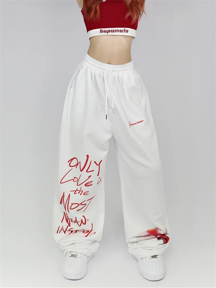 Y2K Streetwear White Sweatpants Letter Print Black Track Oversize Harajuku Joggers Pant Main image