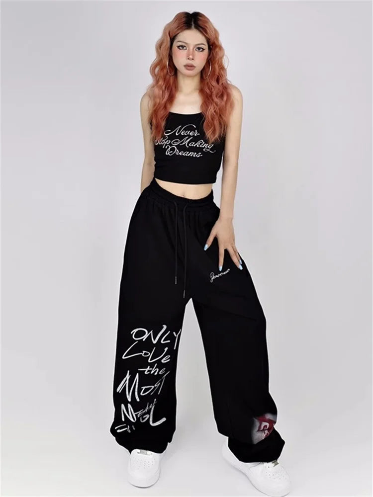 Y2K Streetwear White Sweatpants Letter Print Black Track Oversize Harajuku Joggers Pant