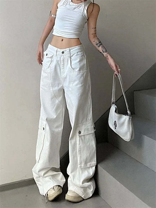 Y2K Vintage White Cargo Korean Style Wide Leg Denim Oversized Streetwear Pant