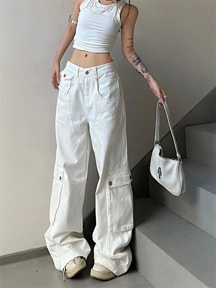 Y2K Vintage White Cargo Korean Style Wide Leg Denim Oversized Streetwear Pant Main image