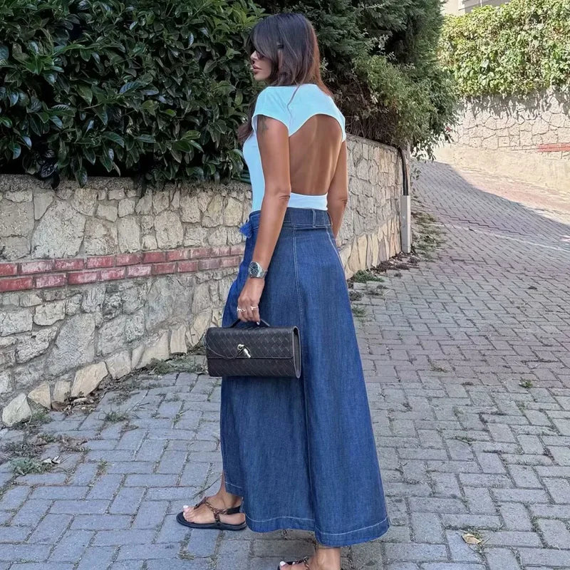 Denim Long Wrap Slit A-Line Style Elegant Holiday Skirt Main image