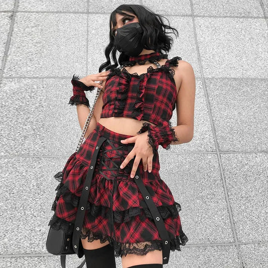 Harajuku Plaid Gothic Girl High Waist Plaided Lolita Mini Sets Japanese Fashion Streetwear Skirt