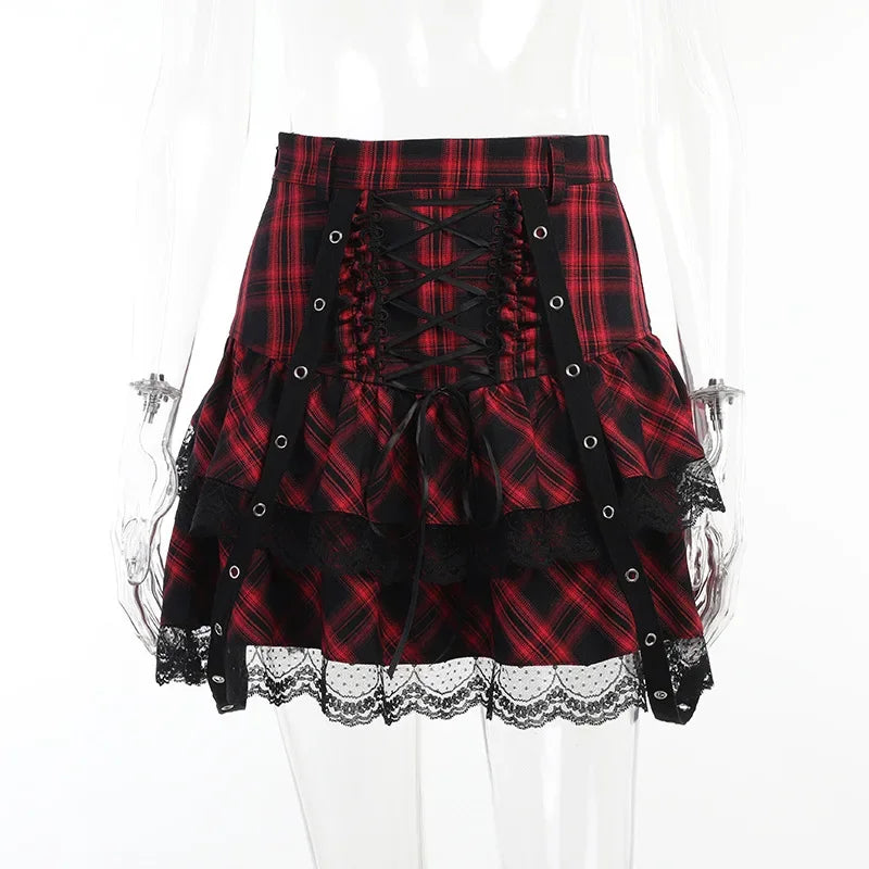 Harajuku Plaid Gothic Girl High Waist Plaided Lolita Mini Sets Japanese Fashion Streetwear Skirt