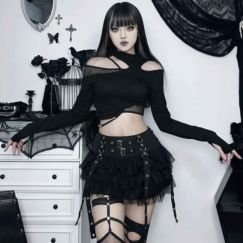 Harajuku Gothic Dark Women CyberY2k E-girl Streetwear Hip Hop Eyelet Ribbons Mesh Patchwork Cake Skirt Main image