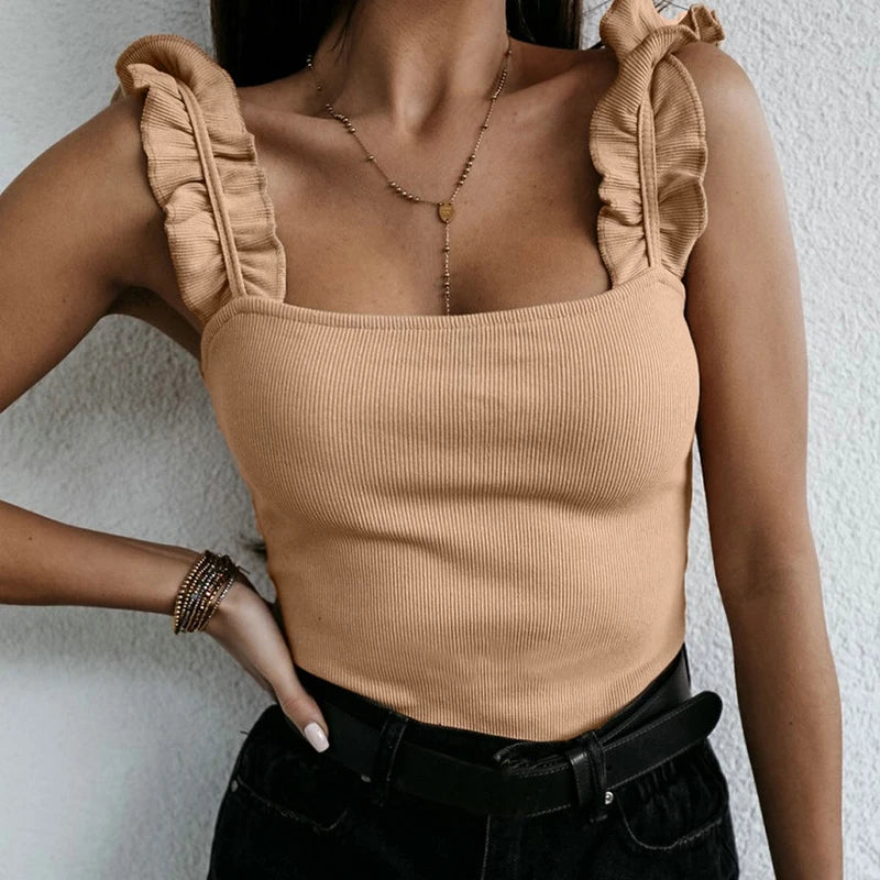 Solid Ribbed Knit Square Collar Casual Slim Cami Top Secondary image