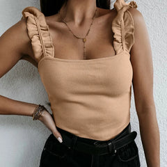 Solid Ribbed Knit Square Collar Casual Slim Cami Top