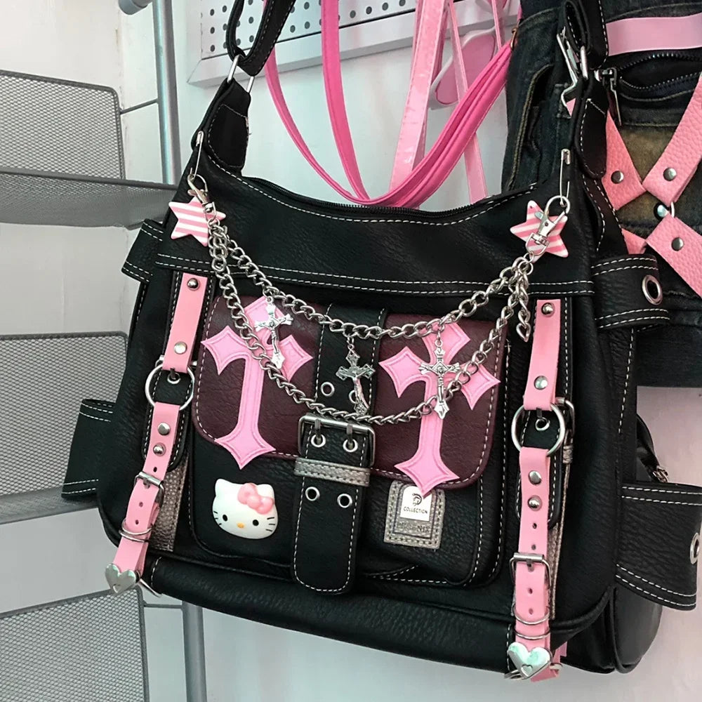 Hello Kitty Gothic Punk Vintage Pink High Capacity Trend Crossbody Bag