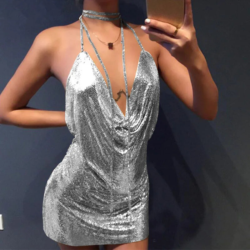 Sequin Halter Backless Metal Party Dress Main image