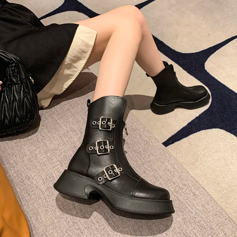 High Quality Autumn Metal Belt Buckle Design Punk Waterproof Anti slip Ankle Boot