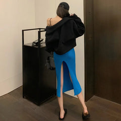 High Waist Knitted Elastic Temperament Thin  Split Slim Skirt