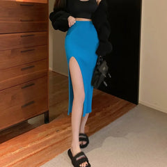 High Waist Knitted Elastic Temperament Thin  Split Slim Skirt