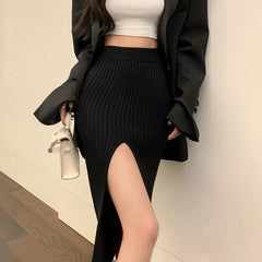 High Waist Knitted Elastic Temperament Thin  Split Slim Skirt