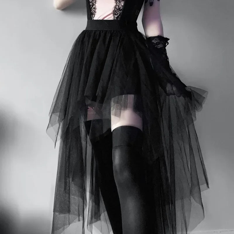 High Waisted Irregular Net Yarn Summer Gothic Casual  Clothes Skirt