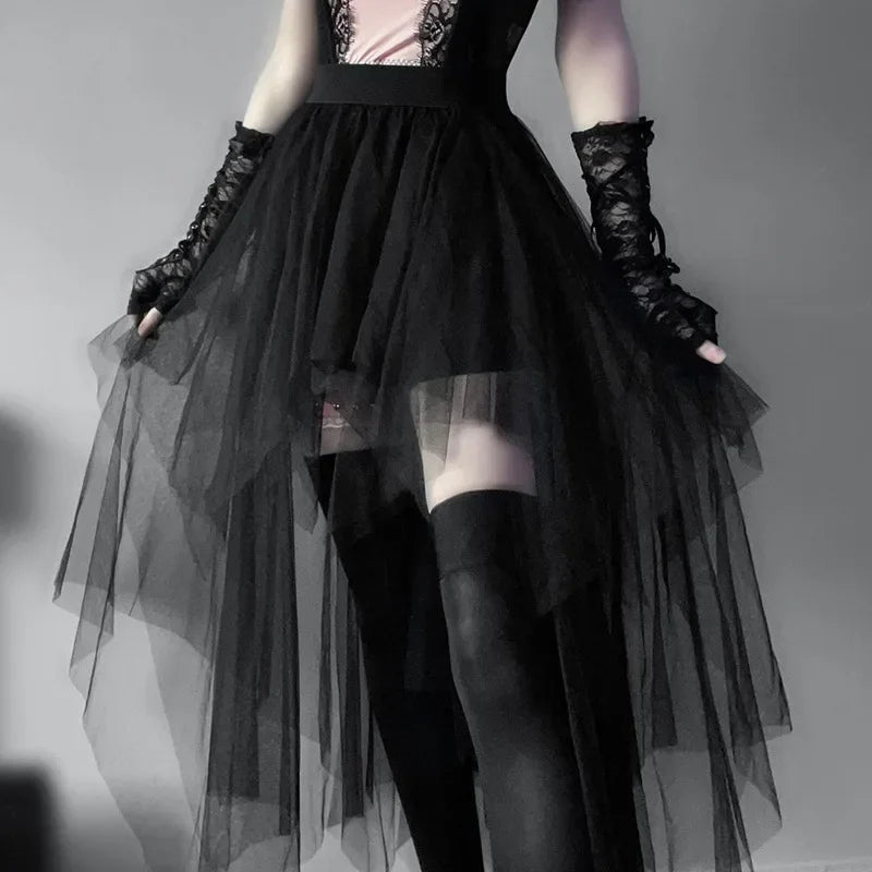 High Waisted Irregular Net Yarn Summer Gothic Casual  Clothes Skirt