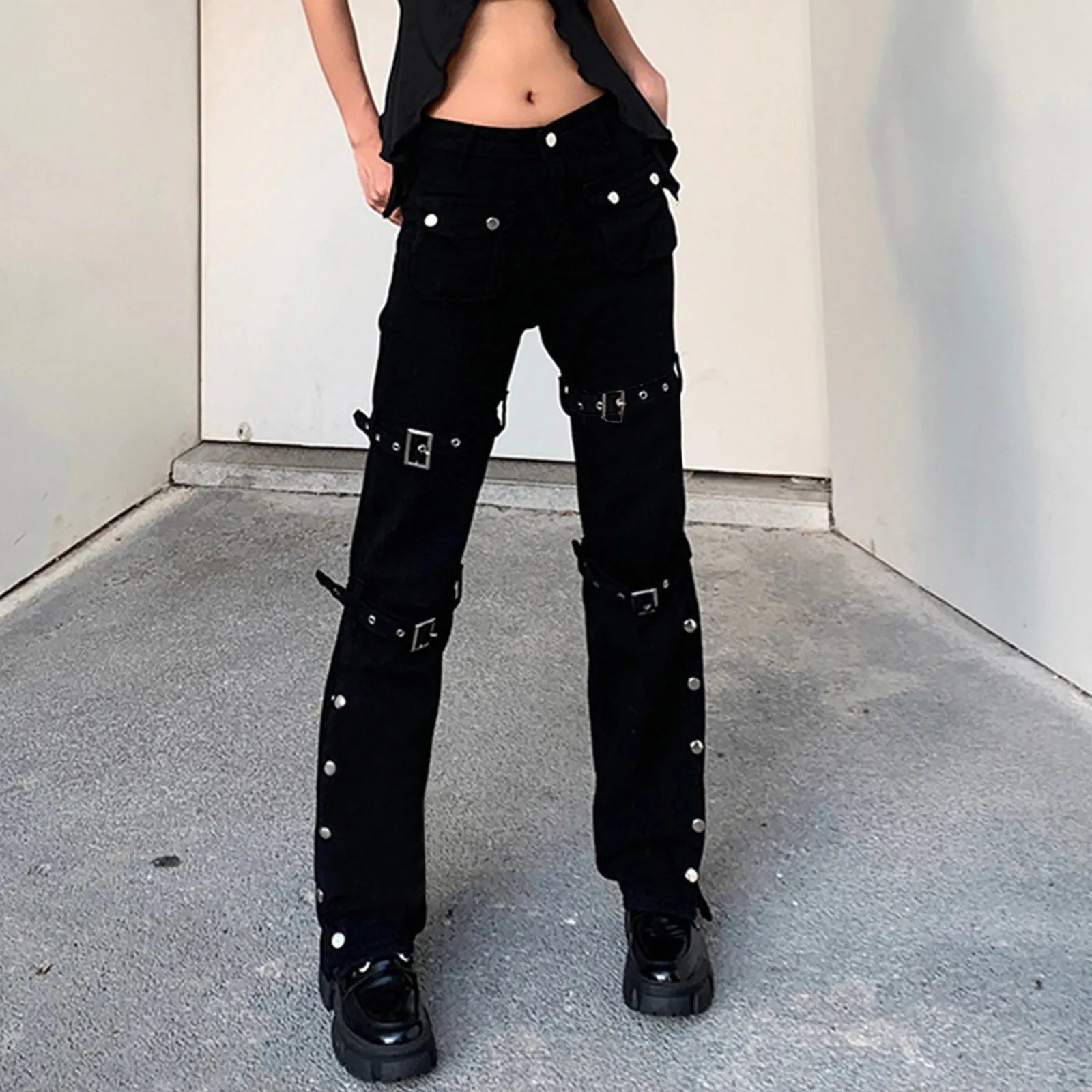 Hippie Cool Straight Punk Trendy Metal Buckle Side Split Black Belted Pants Main image