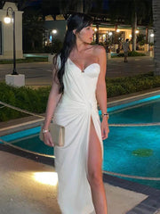 Hollow One Shoulder White Midi Dress