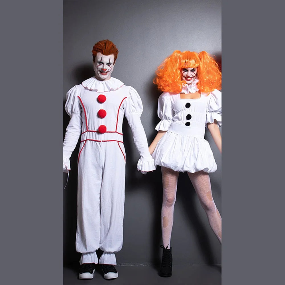 Horror Movie Clown Cosplay White Pompon Dress Suit Halloween Couple Costume