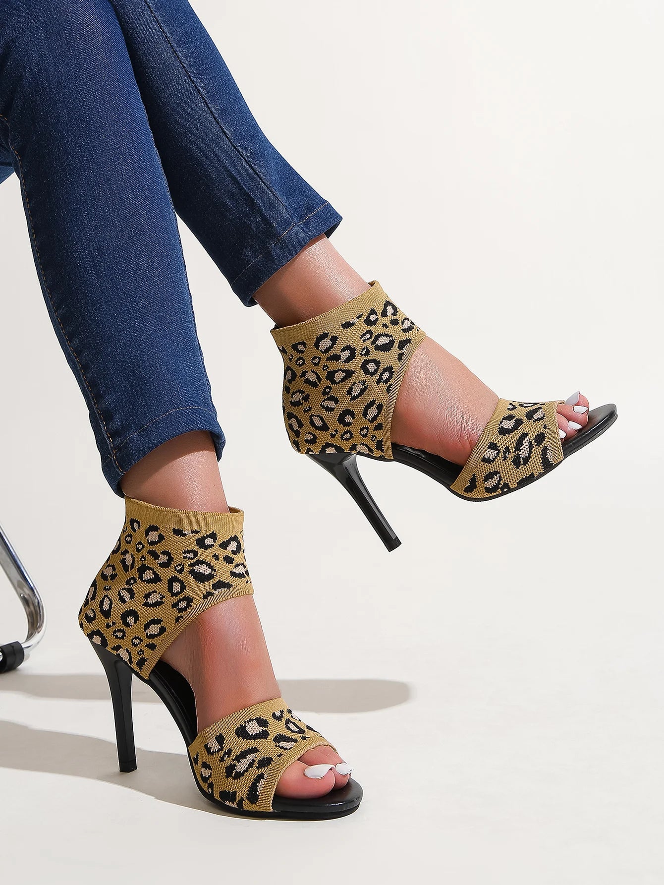 Hot Designer Knitted High Heel Open Toe  Leopard Print High Heel Main image