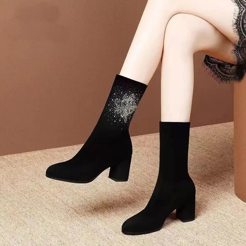Hot Rhinestone Design Fashionable Black Suede Classic Pointed Toe Block Heels Ankle Boot Secondary image