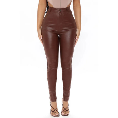 Hot Sale Black Brown PU Leather High Waist Slim Skinny High Stretch Pants