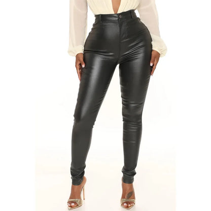 Hot Sale Black Brown PU Leather High Waist Slim Skinny High Stretch Pants