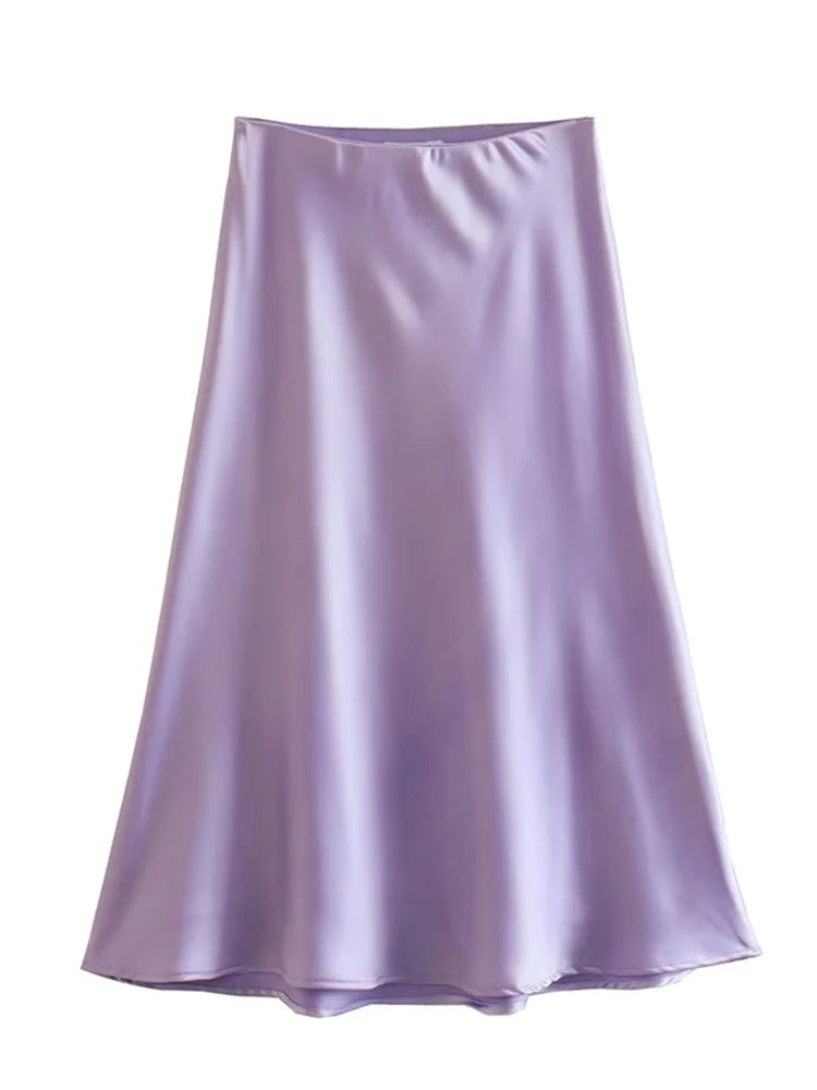 Solid Satin Elastic Waist Summer Slim A-Line Skirt