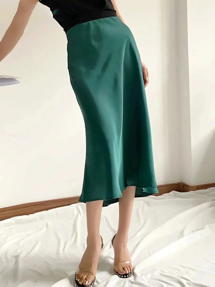 Solid Satin Elastic Waist Summer Slim A-Line Skirt