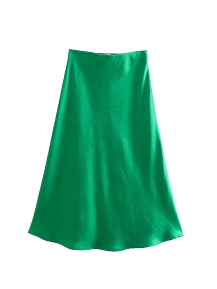 Solid Satin Elastic Waist Summer Slim A-Line Skirt