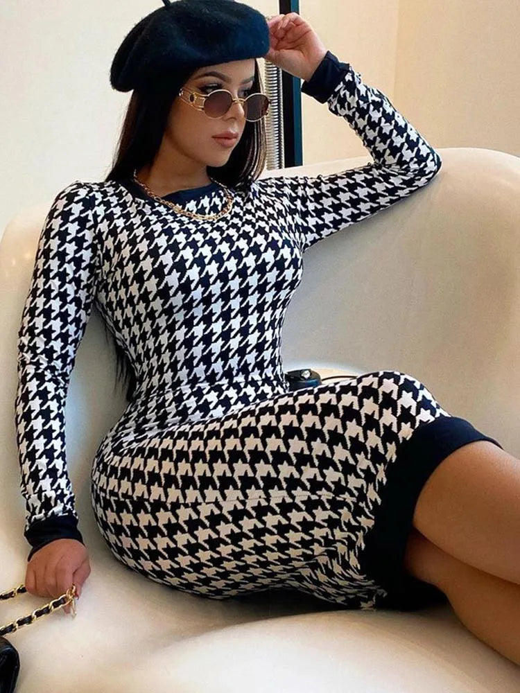 Houndstooth Long Sleeve Hollow Out Bodycon  Autumn Winter Club Elegant Slim Midi Dresses Main image