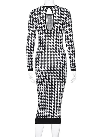 Houndstooth Long Sleeve Hollow Out Bodycon Sexy Autumn Winter Club Elegant Slim Midi Dresses