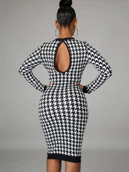 Houndstooth Long Sleeve Hollow Out Bodycon Sexy Autumn Winter Club Elegant Slim Midi Dresses