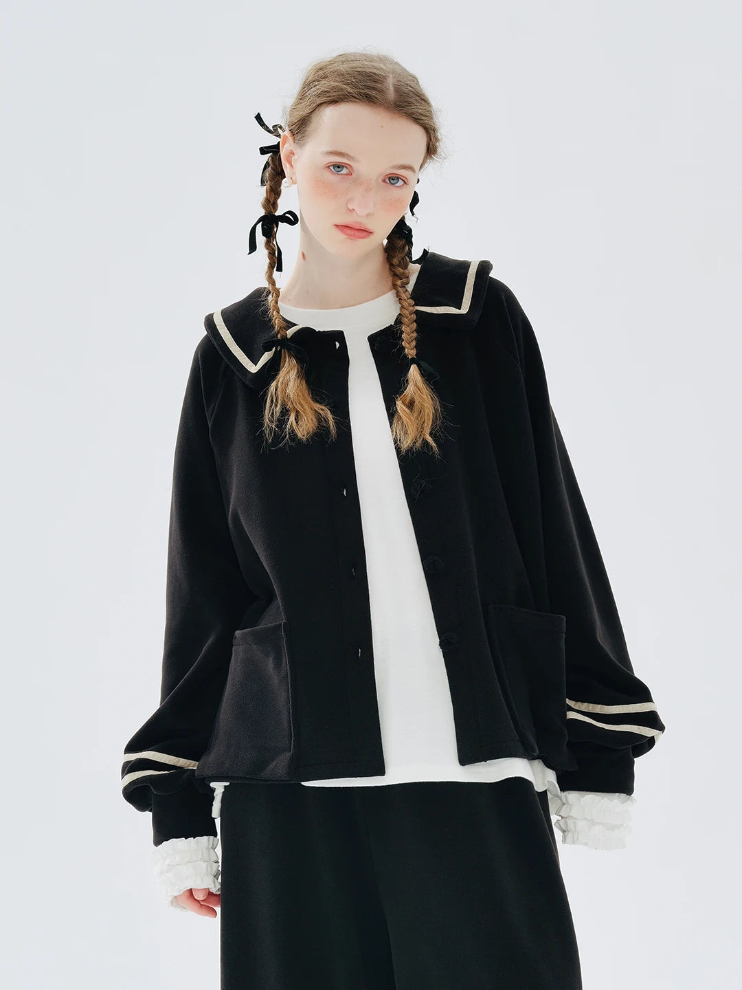 Original Autumn Winter Long Lapel Striped Black Single Coat Main image