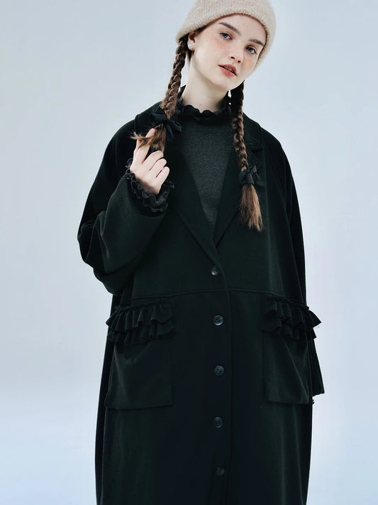 Original Black Casual Lapel Lace Patchwork Long Woolen Coat