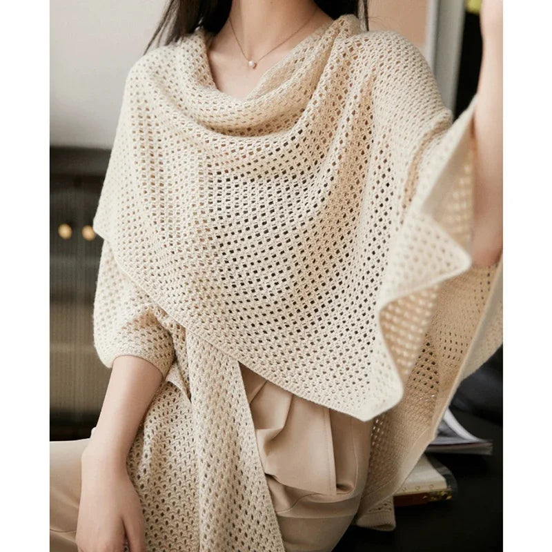 Solid Knitted Loose Office Shawl Hollow Cardigan Cape Sweater Main image