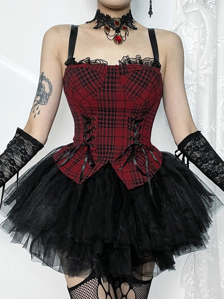 Red Plaid Patchwork Aesthetic Mall Goth Bandage Sleeveless Cropped Crop Top Secondary image