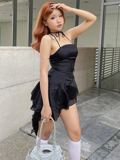 Sleeveless Halter Neck Strapless Ruffle Cap A-Line Pleated Hem Swing Tube Top Dress