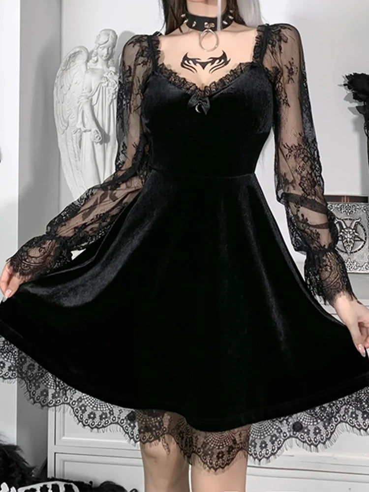 Moon  Black Grunge Dark V Neck Aesthetic Vintage Mini Long Sleeve Autumn Dress Main image
